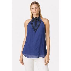 Haute Hippie Silk Blue/Black Embellished Necklace/Bib Tank Size Med Retail $495